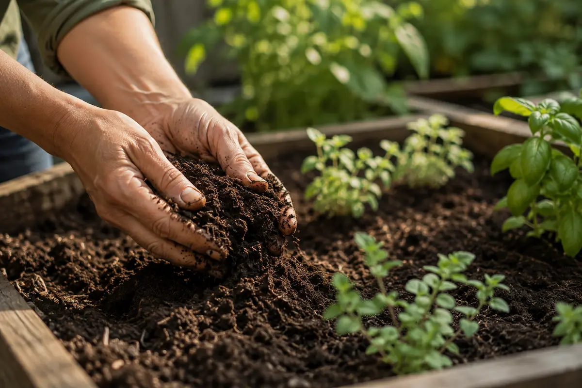Hands checking rich garden soil in a raised bed