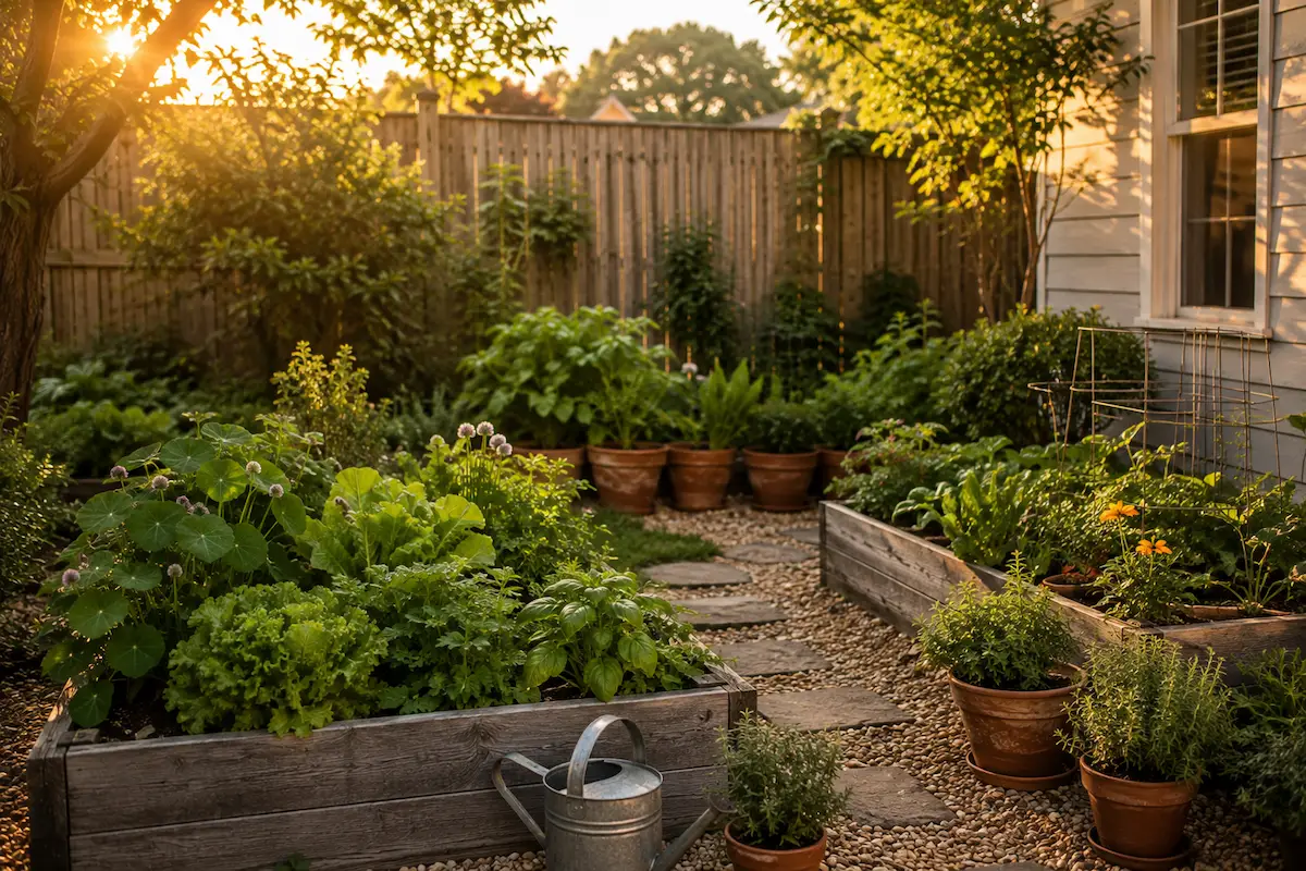 Healthy and manageable small backyard garden in warm natural light