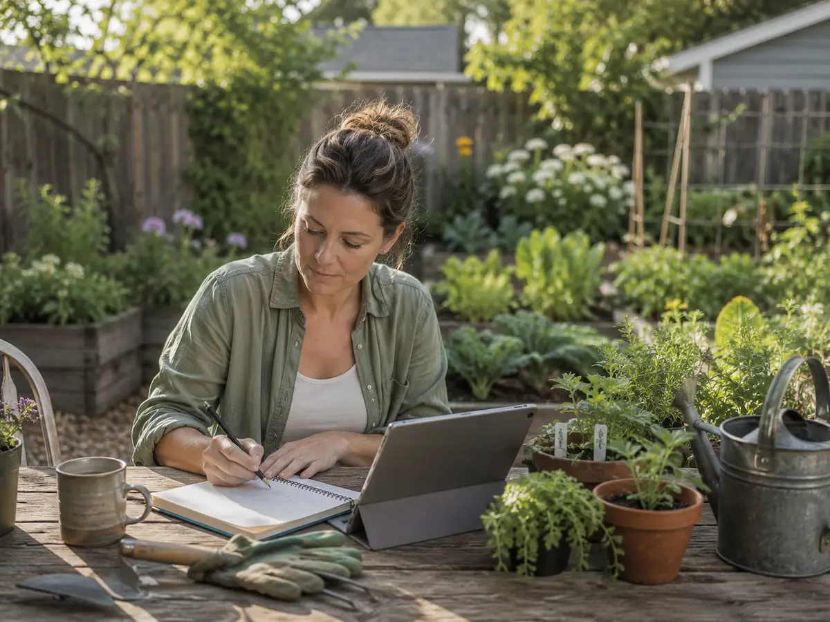 Home gardener planning a small backyard garden beside raised beds