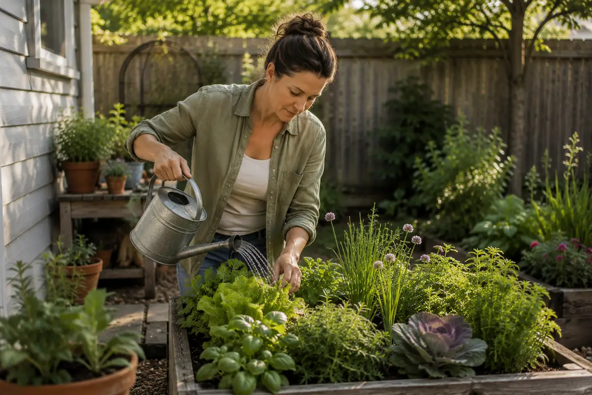 Home gardener gently tending healthy herbs and vegetables