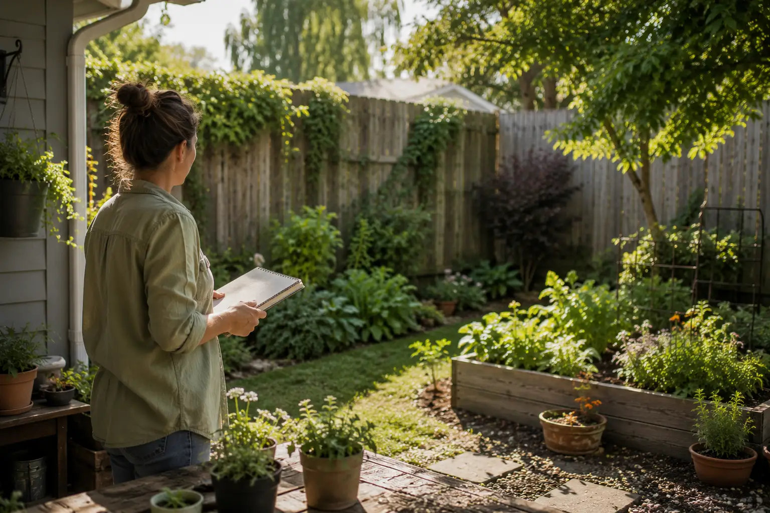 Gardener observing sunlight and layout in a small backyard